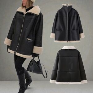 LY VAREY LIN Women's Oversized Black Faux Leather Jacket With Faux Fur Lining